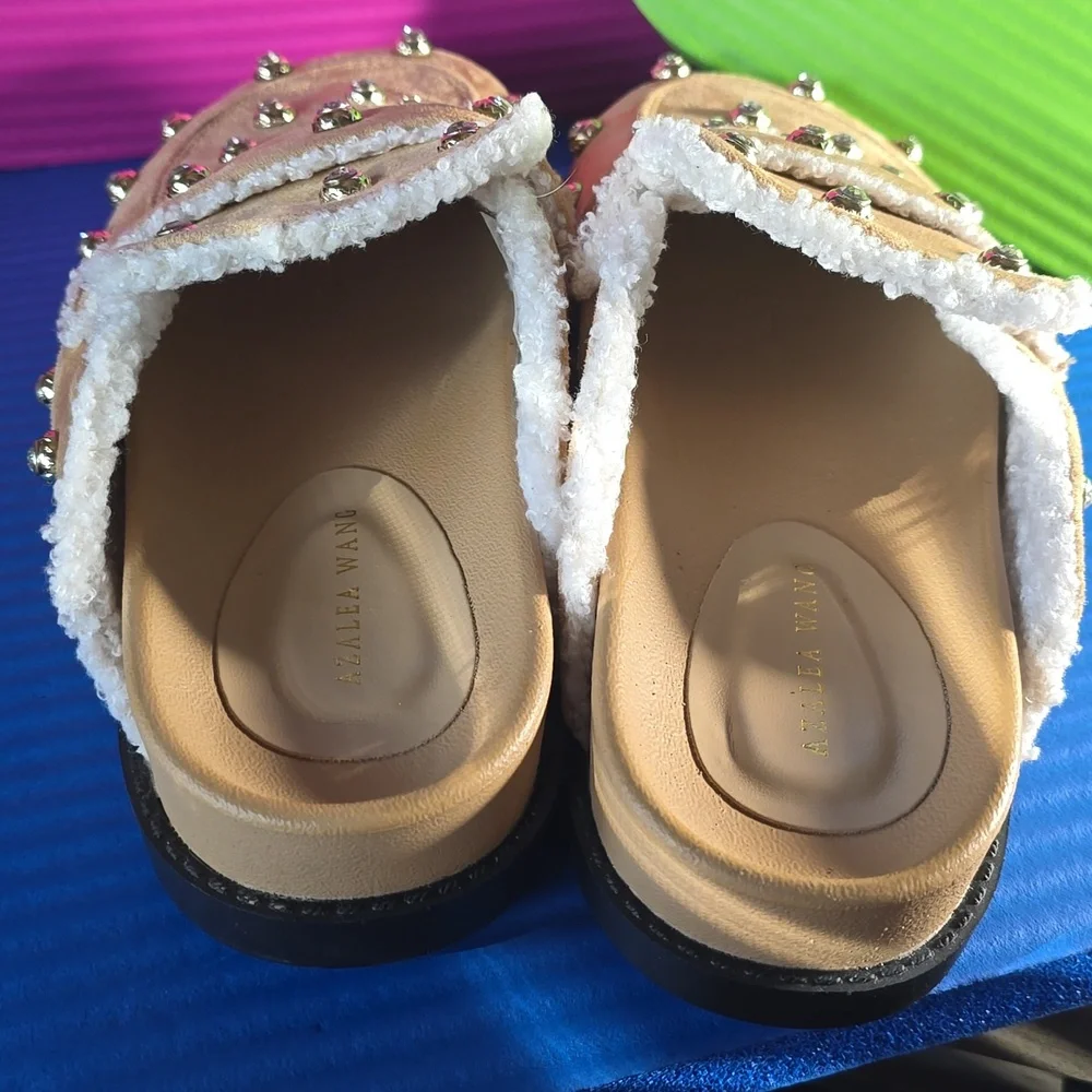 Studded Suede Shearling-Trim Mule Clogs worn once around the house - Picture 7 of 15